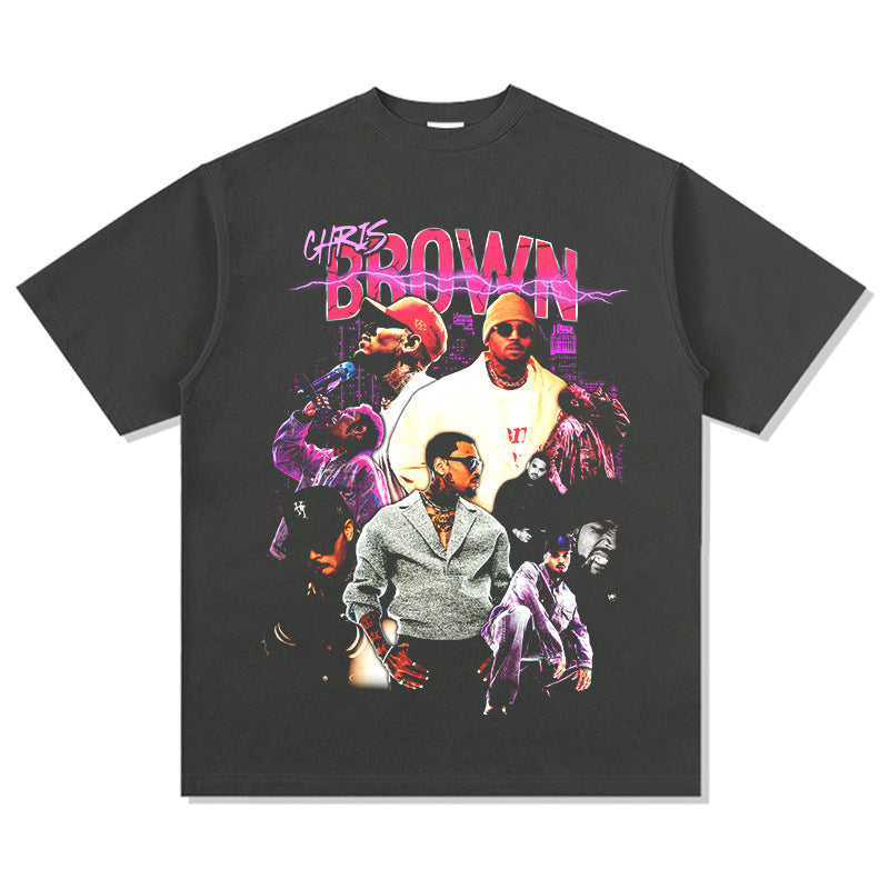 Streetwear masculino vintage hip hop breezy chris brown print short sleeve t-shirt