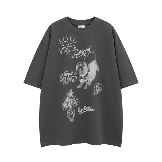 Camisetas Streetwear Summer Vintage Dog Print Casual Loose Short Sleeve T-Shirt