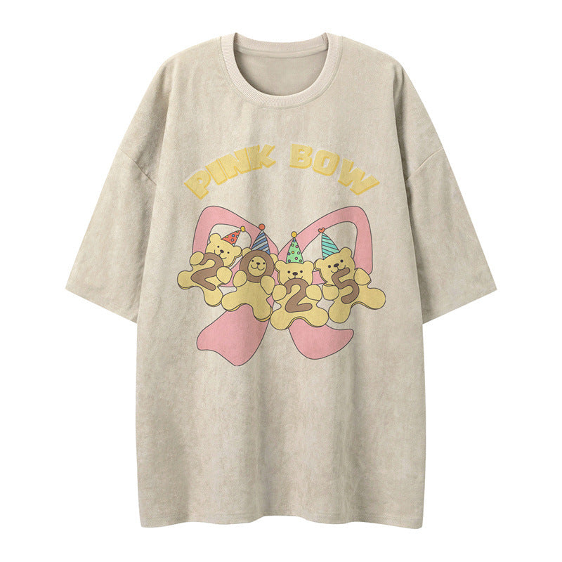 US drip outfits Summer Vintage Bear Cartoon Casual Loose Short Sleeve T-Shirts