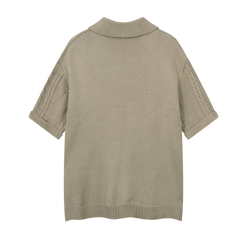 Casual Street Wear Vintage V-Neck Knitted Polo Shirt Short Lapel T-Shirt