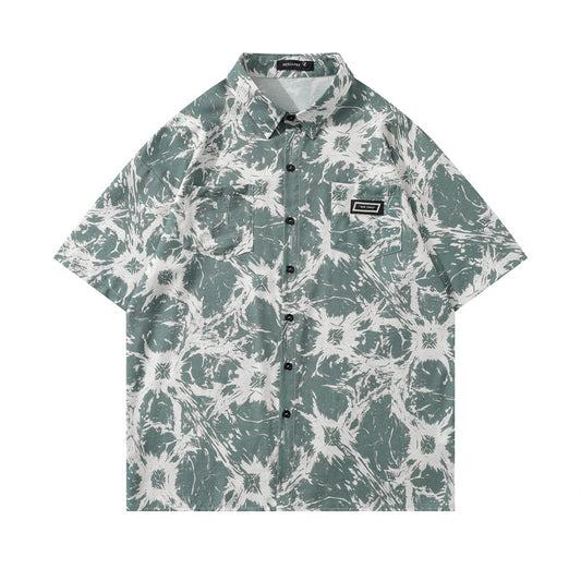 Y2K mens shirt retro loose casual short-sleeved tie men's shirt