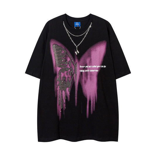 60s Style T Shirts Summer Butterfly Print Necklace T-Shirt Short Sleeve