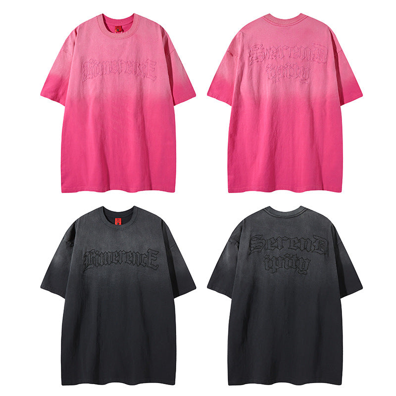 Distorted vintage gradual change embroidered short-sleeved t-shirt summer loose casual top