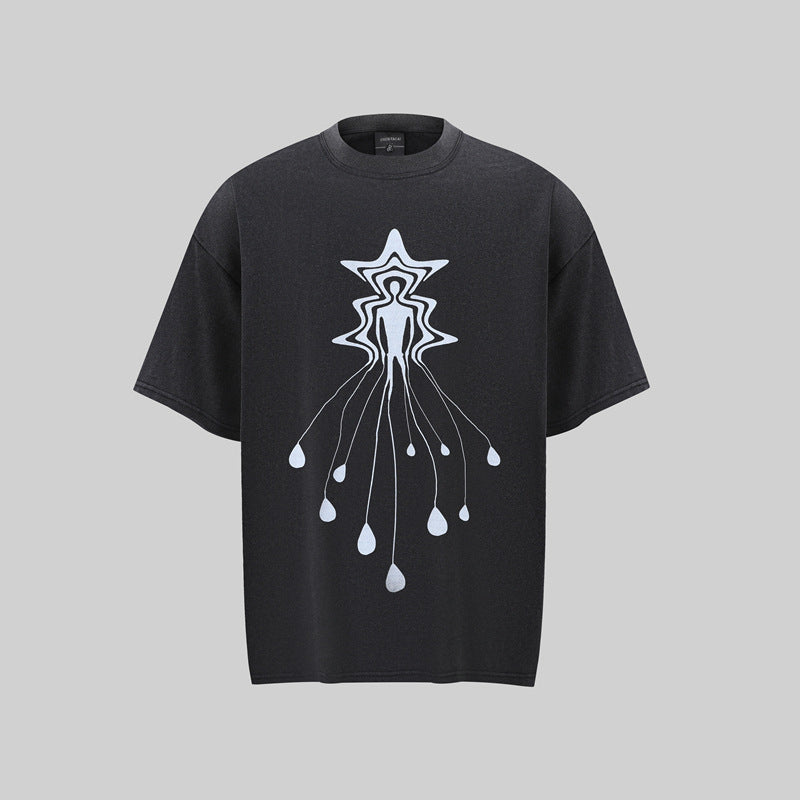 Camisas Retros Washed Old Abstract Character Print Short Sleeve T-Shirt