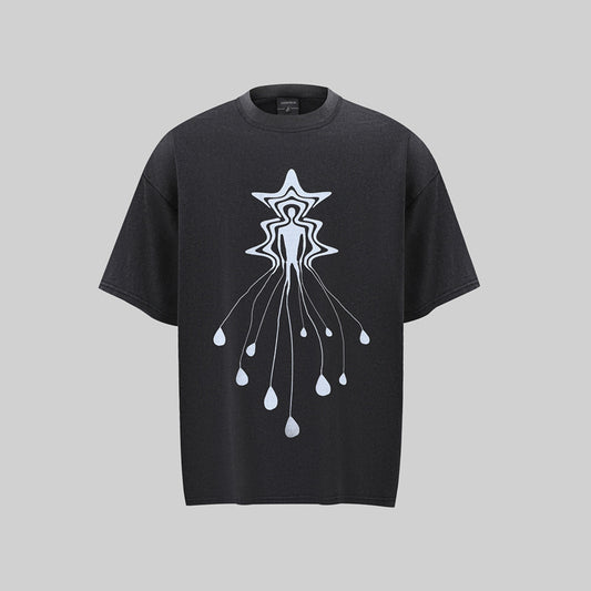 Camisas Retros Washed Old Abstract Character Print Short Sleeve T-Shirt