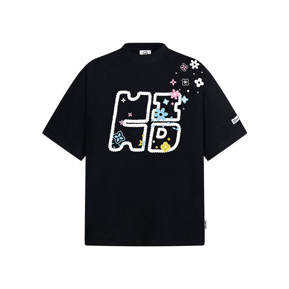 Vintage 90s Hip Hop Clothing Vintage Floral Embroidery Short Sleeve T-Shirt Loose Casual Crew Neck Top