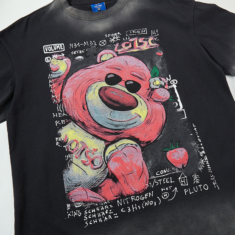 Nyc T Shirt Vintage Strawberry Bear Print Short Sleeve T-Shirt Summer Loose Casual Top