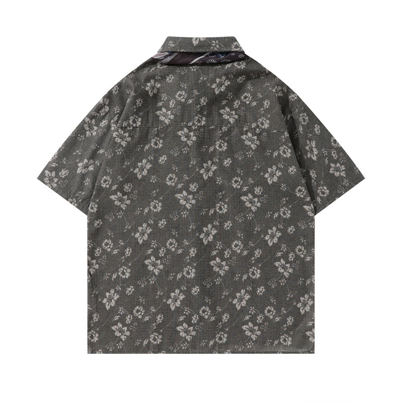 Y2K mens shirt retro loose shirt pleated floral men's casual short-sleeved tie shirt