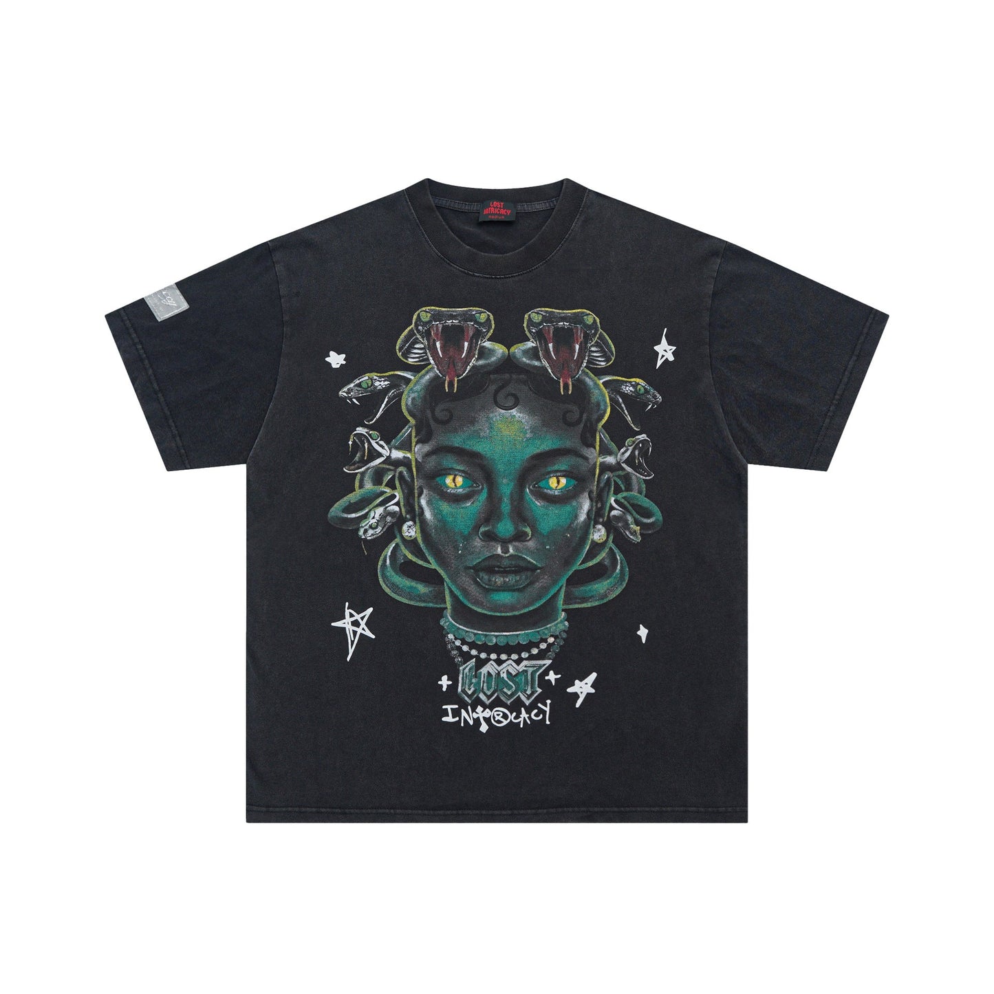 Lost Intricacy T-Shirt Medusa Snakehead Print Short Sleeve Wash
