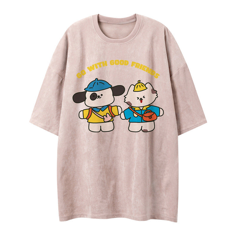 US drip outfits summer vintage animal cartoon print casual loose short sleeve T-Shirts