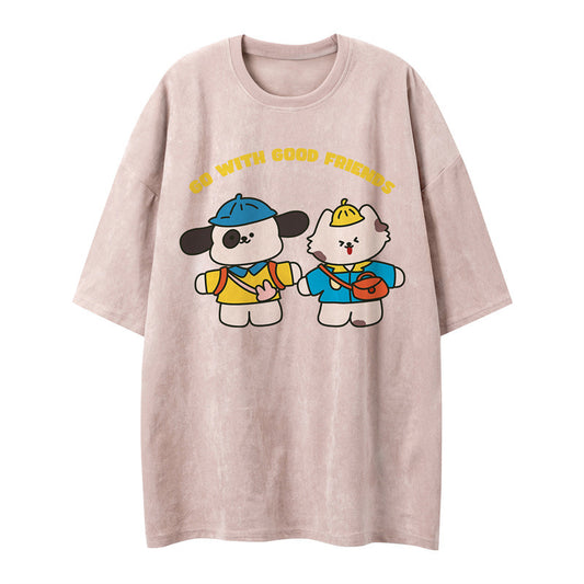US drip outfits summer vintage animal cartoon print casual loose short sleeve T-Shirts