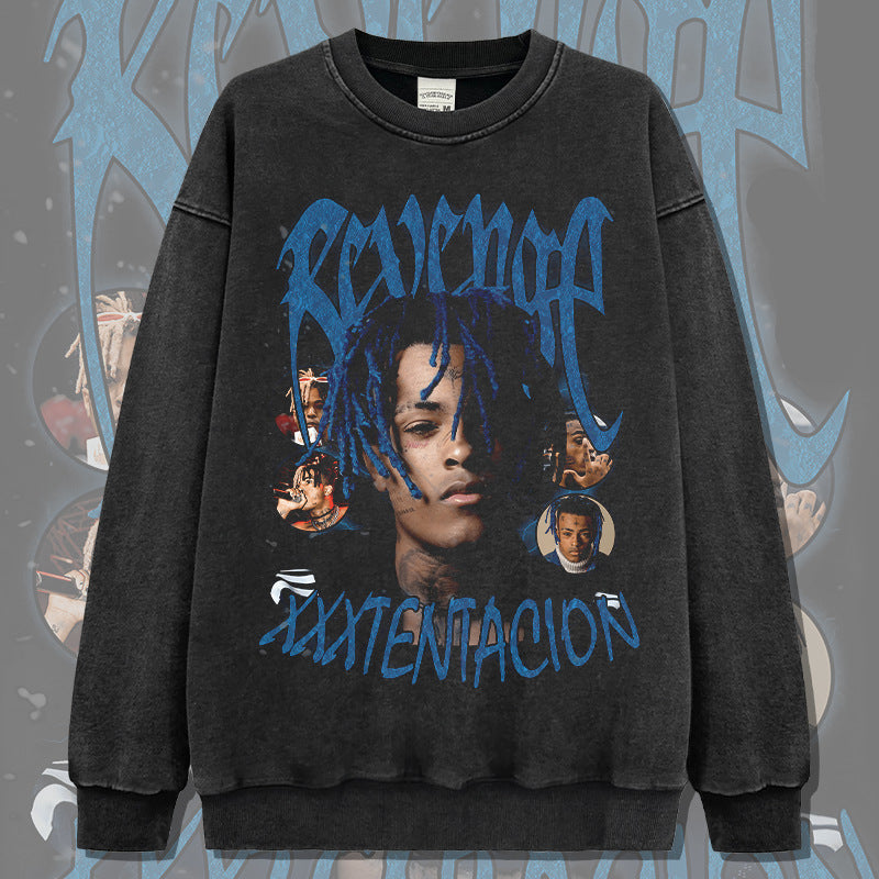 Streetwear masculino hip hop XXX Tentacion vintage print crew neck sweater