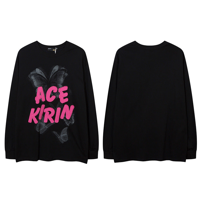 Vintage T Shirts Hip Hop Butterfly Letter Embroidery Long Sleeve T-Shirt