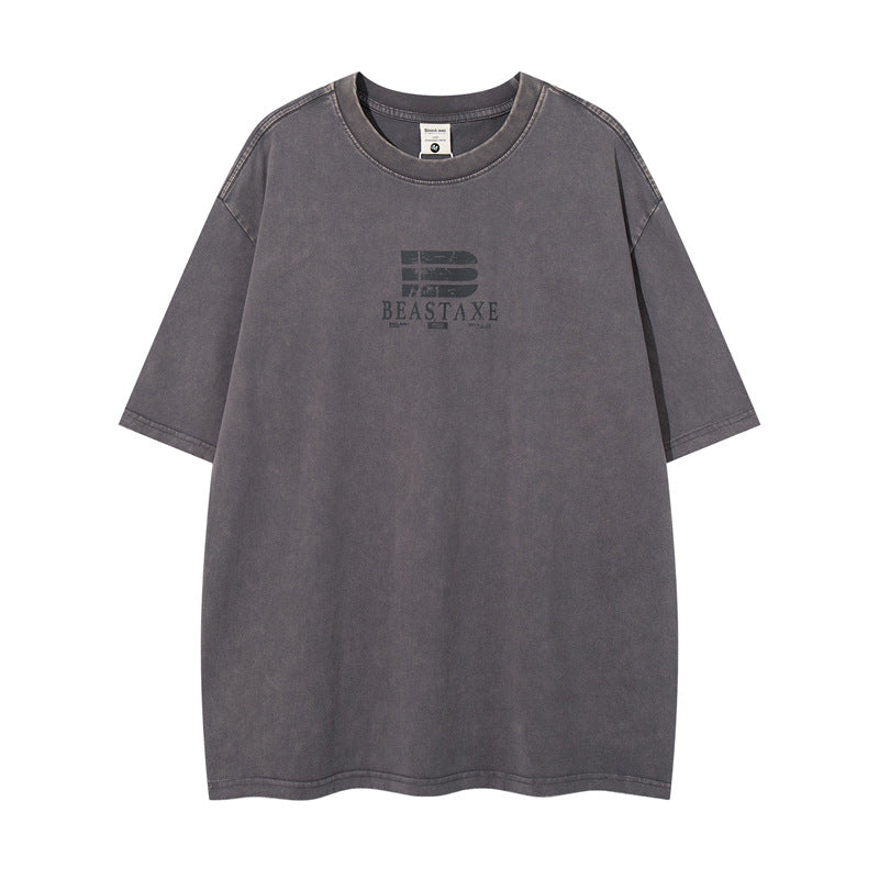 Casual Street Wear Washed Letter Print Loose Crew Neck Short Sleeve T-Shirt