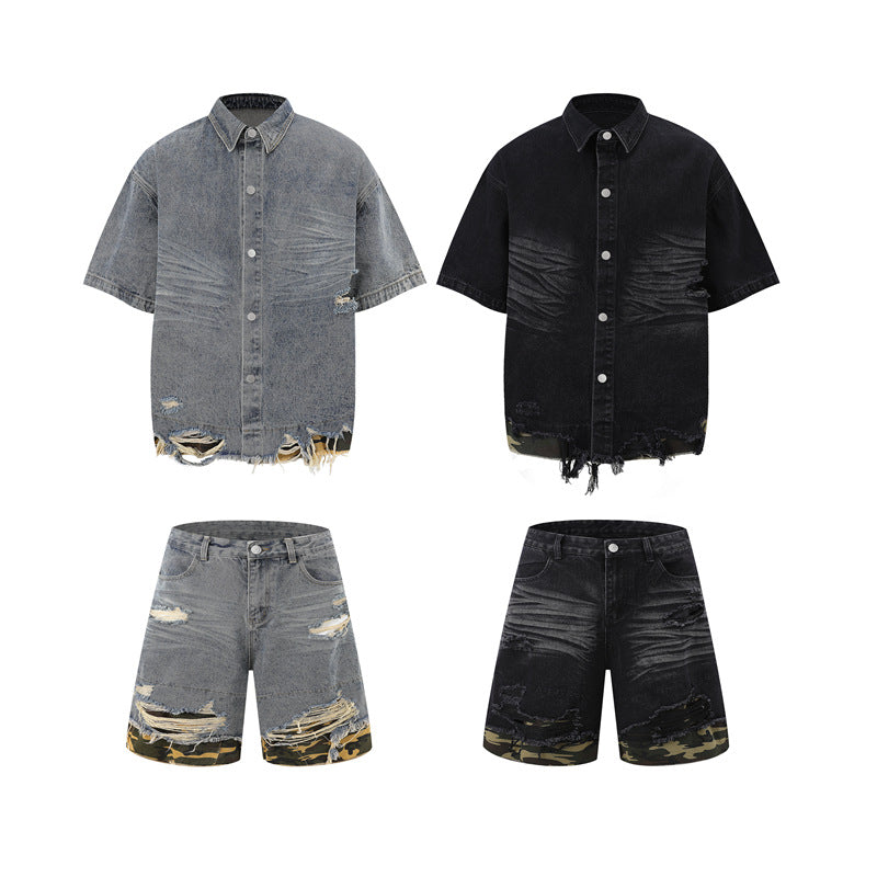 Stone Wash T shirt Leopard print denim short sleeve casual denim shorts