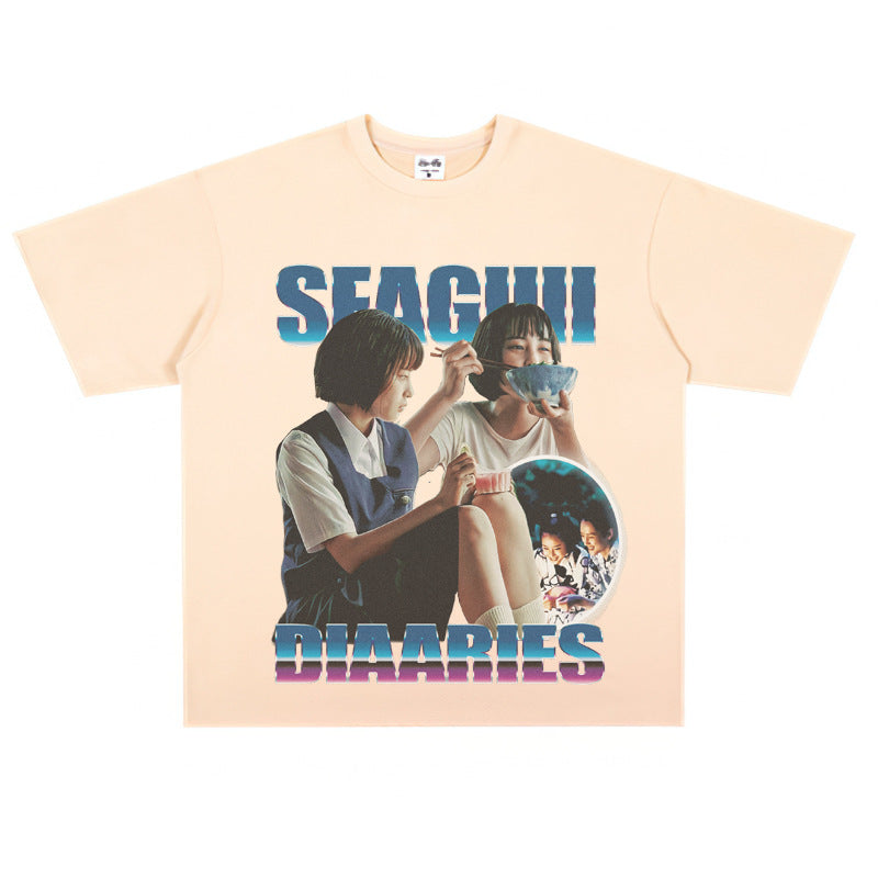 Film Star T Shirt Sea Street Diary Loose Retro Street Pure Cotton American T-shirt Men and Women