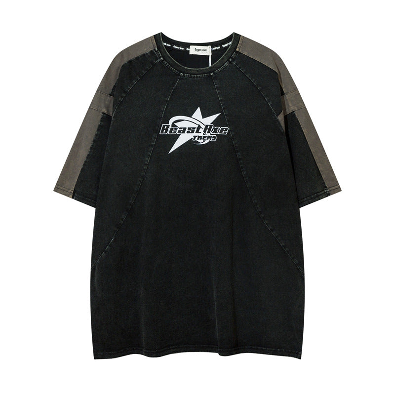 Y2K mens shirt contrasting color short-sleeved t-shirt casual