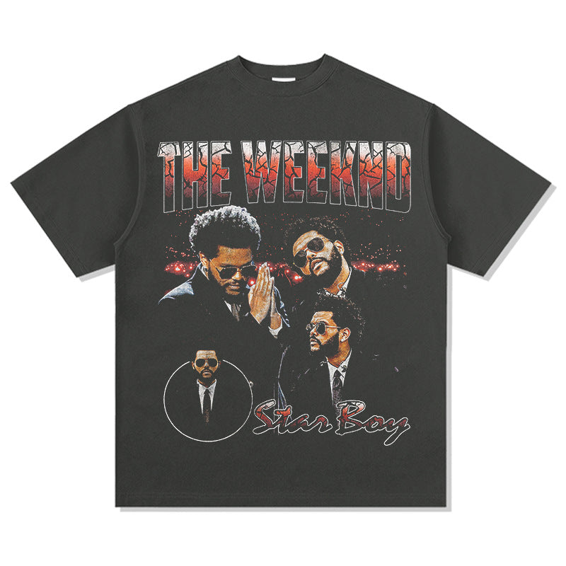 Streetwear masculino vintage weeknd print short sleeve t-shirt hip hop loose vintage