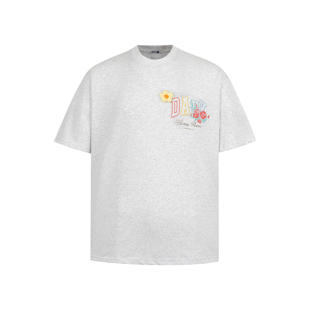 Hip Hop Clothes New York Vintage Embroidery Floral Alphabet Print Short Sleeve T-Shirt