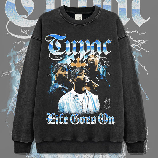 Streetwear masculino vintage Tupac print crew neck sweater high