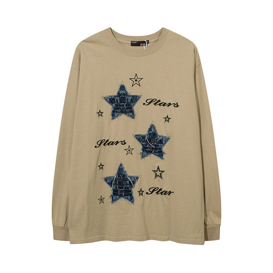 Vintage T Shirts Hip Hop Star Denim Patch Embroidered Long Sleeve T-Shirt