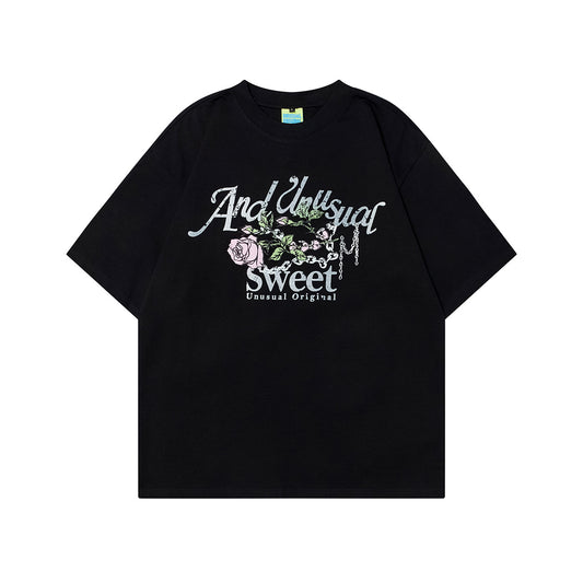 Unisex T-shirts Summer Vintage Rose Letter Men's Loose Short Sleeve T-Shirt