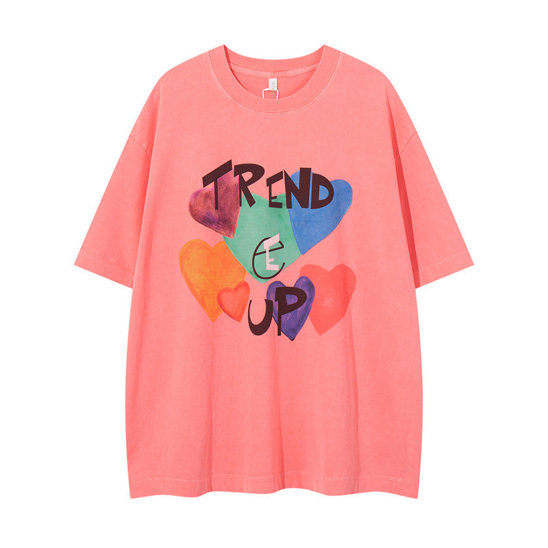 US drip outfits summer vintage love pattern casual loose short sleeve T-Shirts