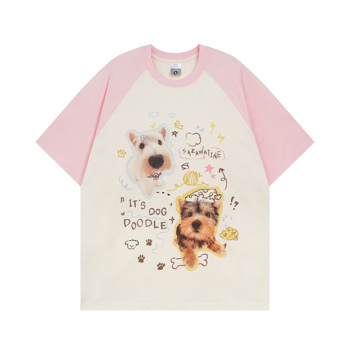 USA Vintage T-Shirt Vintage Cute Puppy Printed Men's and Women's Summer Loose Contrast Colors Ragged Sleeves