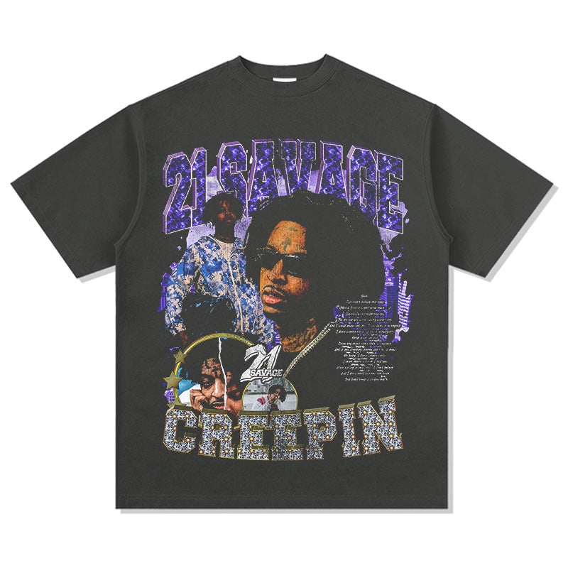 Streetwear Masculino Vintage, Hip Hop Savage 21Savage Print Short Sleeve T-Shirt