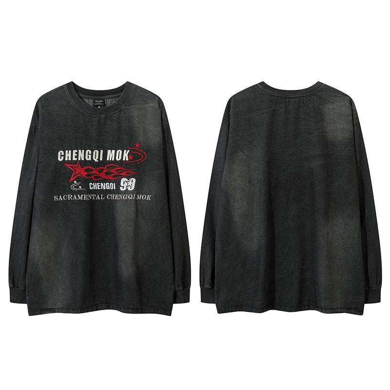 Marcas De Streetwear Letter Embroidered Loose Denim Long Sleeve T-Shirt