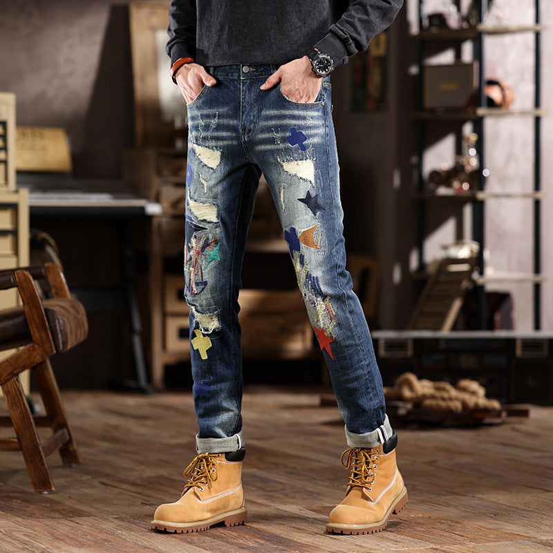 1990 Fashion Jeans Ripped Denim Embroidered Patch Graffiti Straight Pants