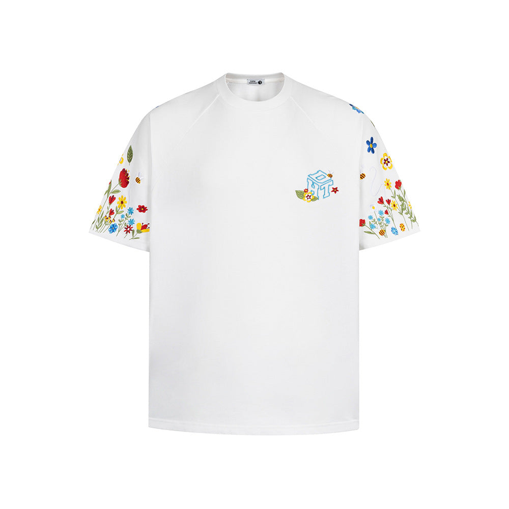 Hip Hop Clothes New York Vintage Floral Embroidery Crew Neck Short Sleeve T-Shirt
