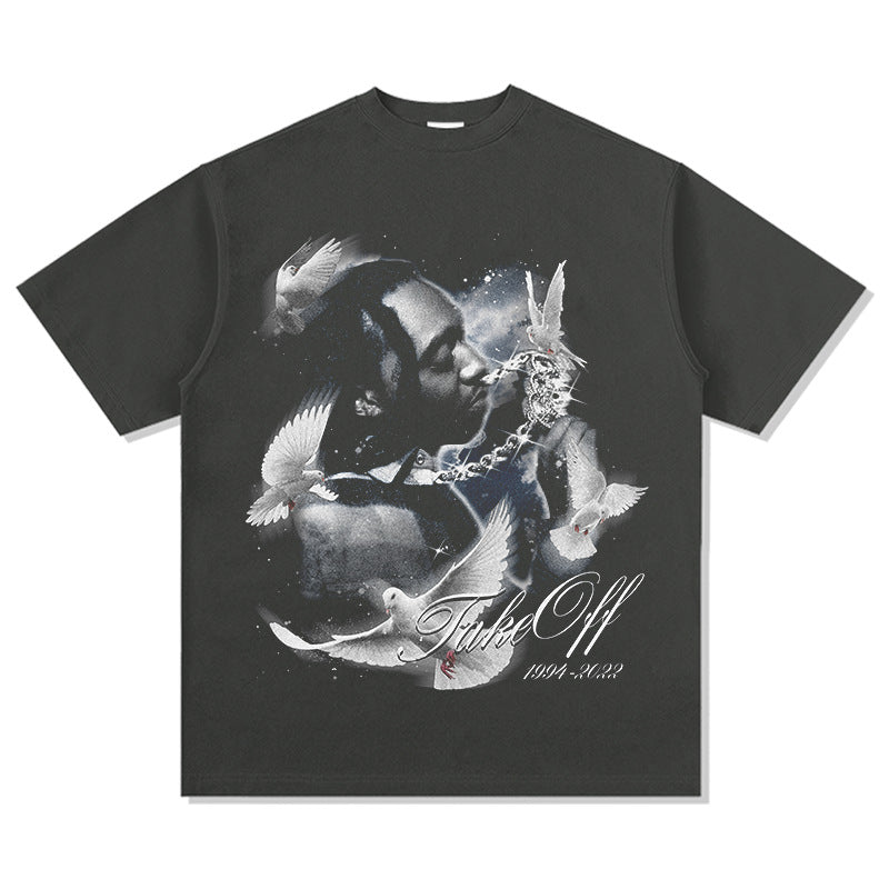 Cool t rapper rap takeoff print hip hop short sleeve retro wash do old t-shirt