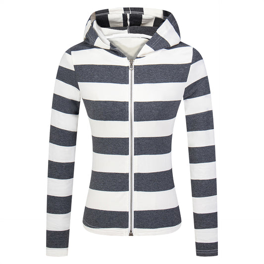New York Hip Hop Style Striped Short Cardigan Jacket Hooded Sweater Top