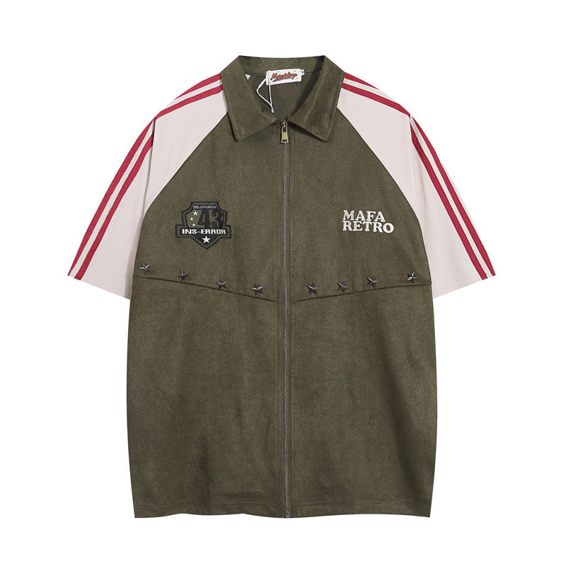 US drip outfits summer vintage zip lapel embroidery casual loose short sleeve T-Shirts