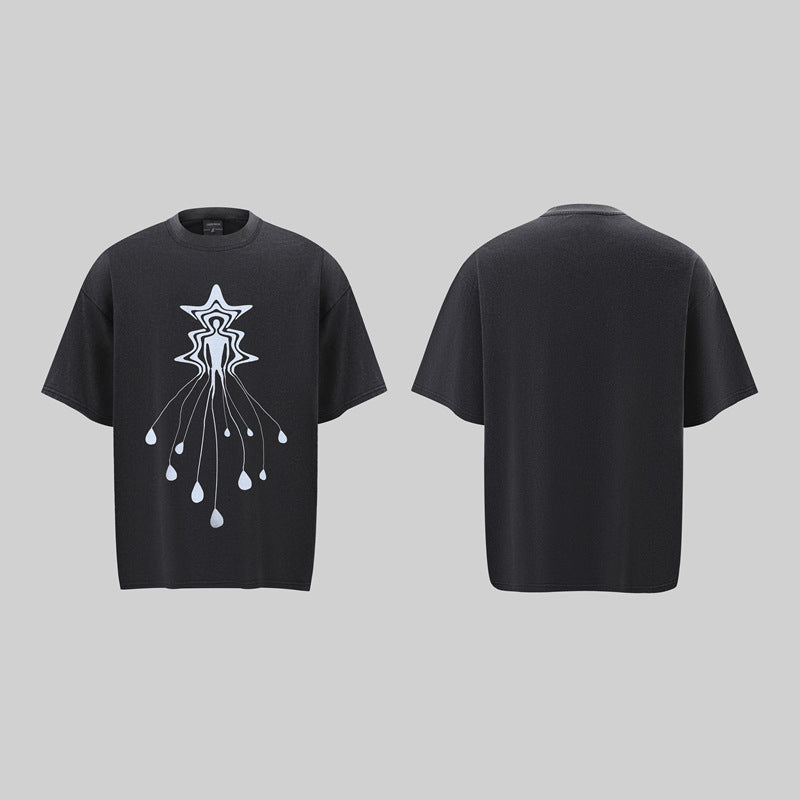 Camisas Retros Washed Old Abstract Character Print Short Sleeve T-Shirt