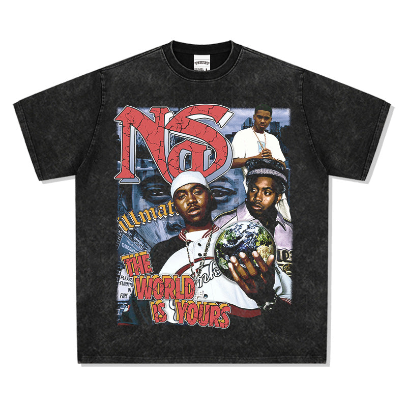 Streetwear masculino vintage hip hop nas print short sleeve t-shirt vintage