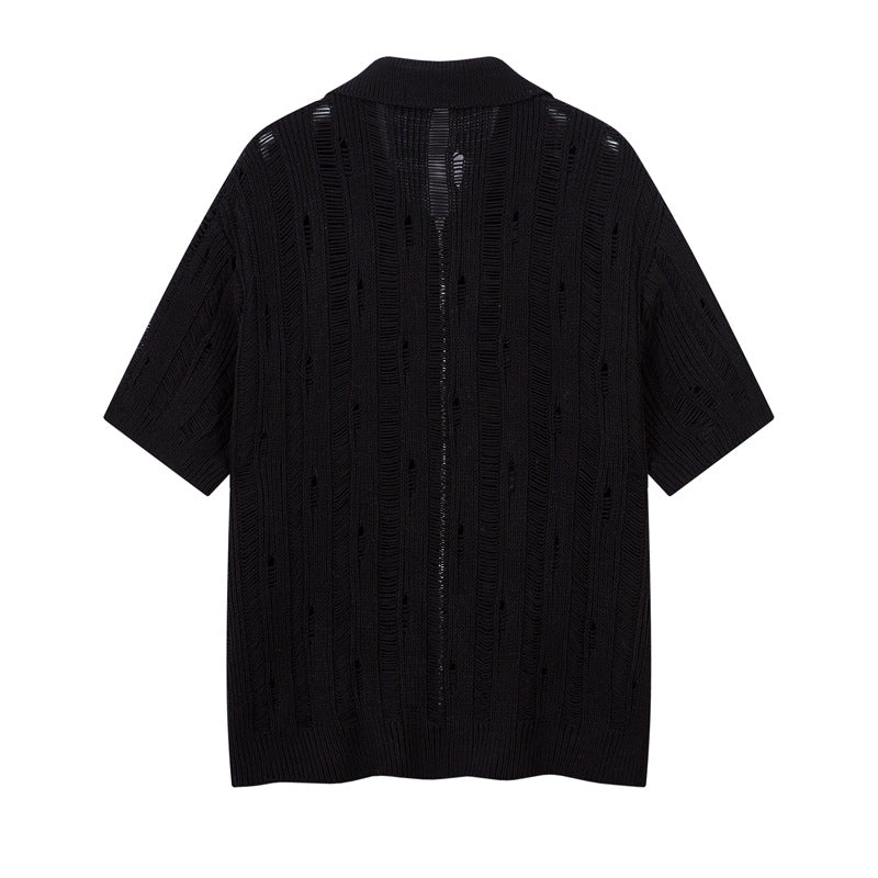 Casual Street Wear Vintage Hollow Knitted Short Sleeve Shirt Summer Casual Lapel Loose