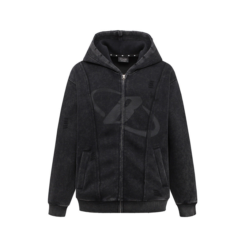 Streetwear Hoodie Hip Hop Vintage Washed Old Hooded Sweater Zip Cardigan Jacket
