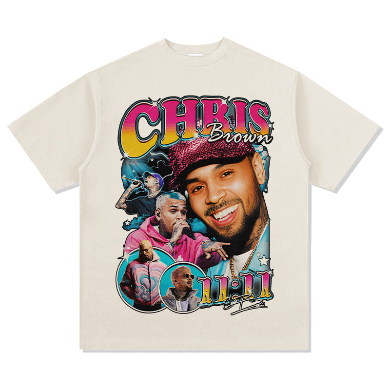 Streetwear masculino vintage Chris Brown print short sleeve t-shirt vintage