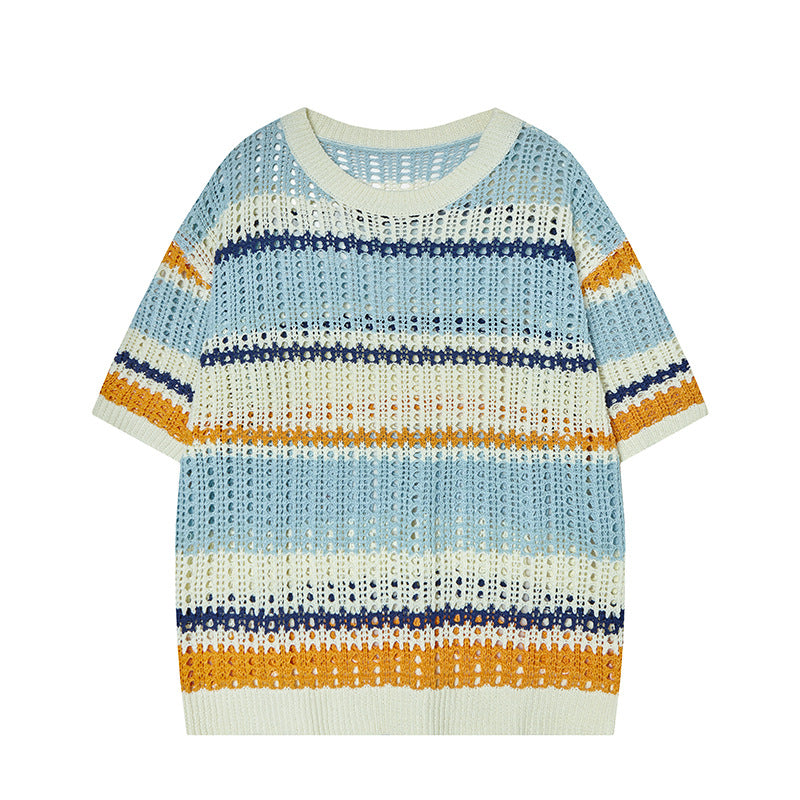 Camisas Retros Striped Contrast Crew Neck Knitted Short Sleeve T-Shirt