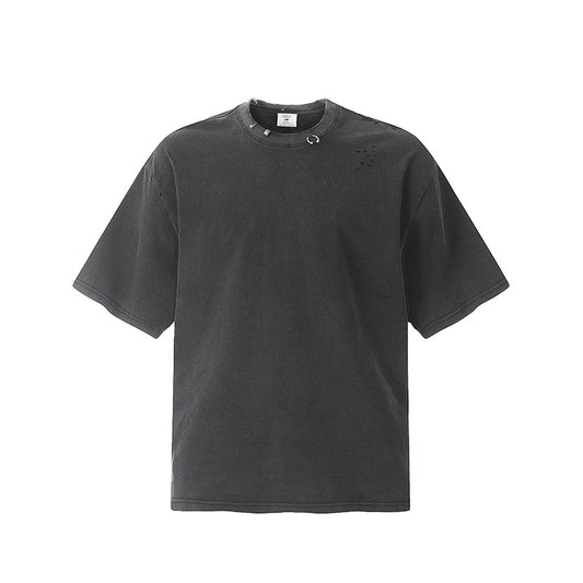 Marcas De Streetwear Vintage Washed Old Ripped Short Sleeve T-Shirt