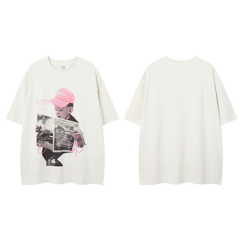 US drip outfits Summer Vintage Portrait Daily Pattern Casual Loose Short Sleeve T-Shirts