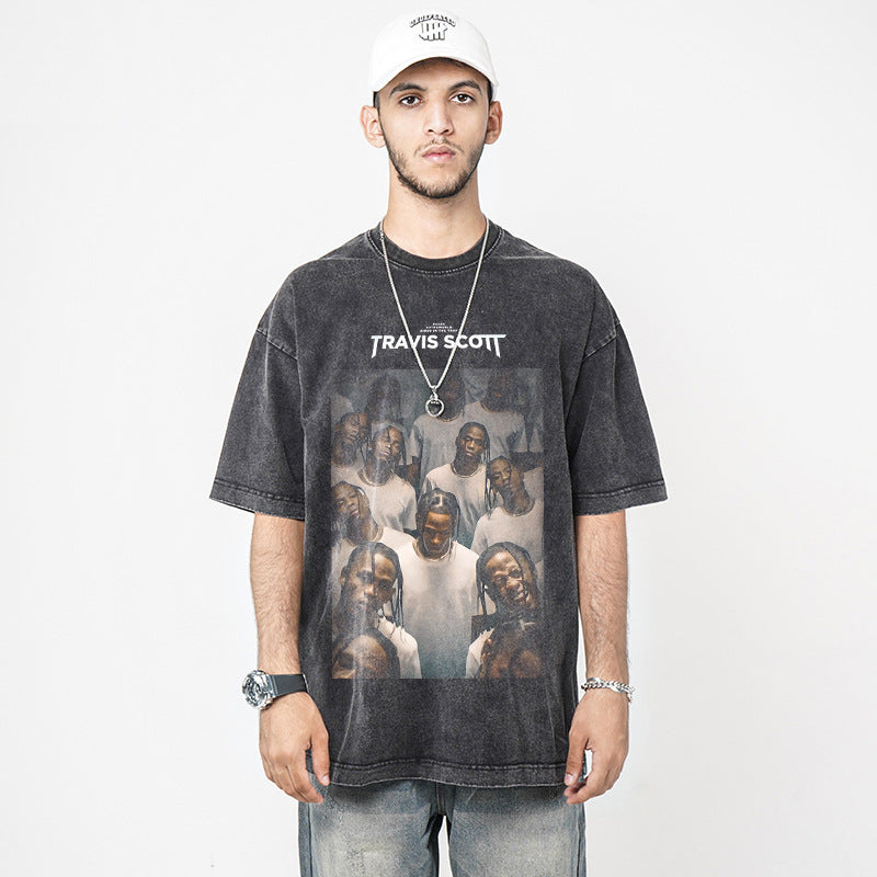Streetwear masculino hip hop Travis scott rap character print washed do old loose short sleeve t-shirt