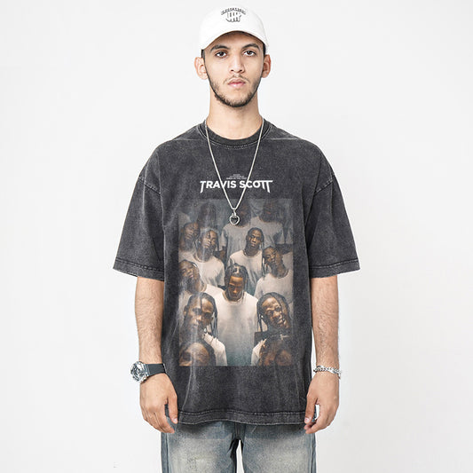 Streetwear masculino hip hop Travis scott rap character print washed do old loose short sleeve t-shirt