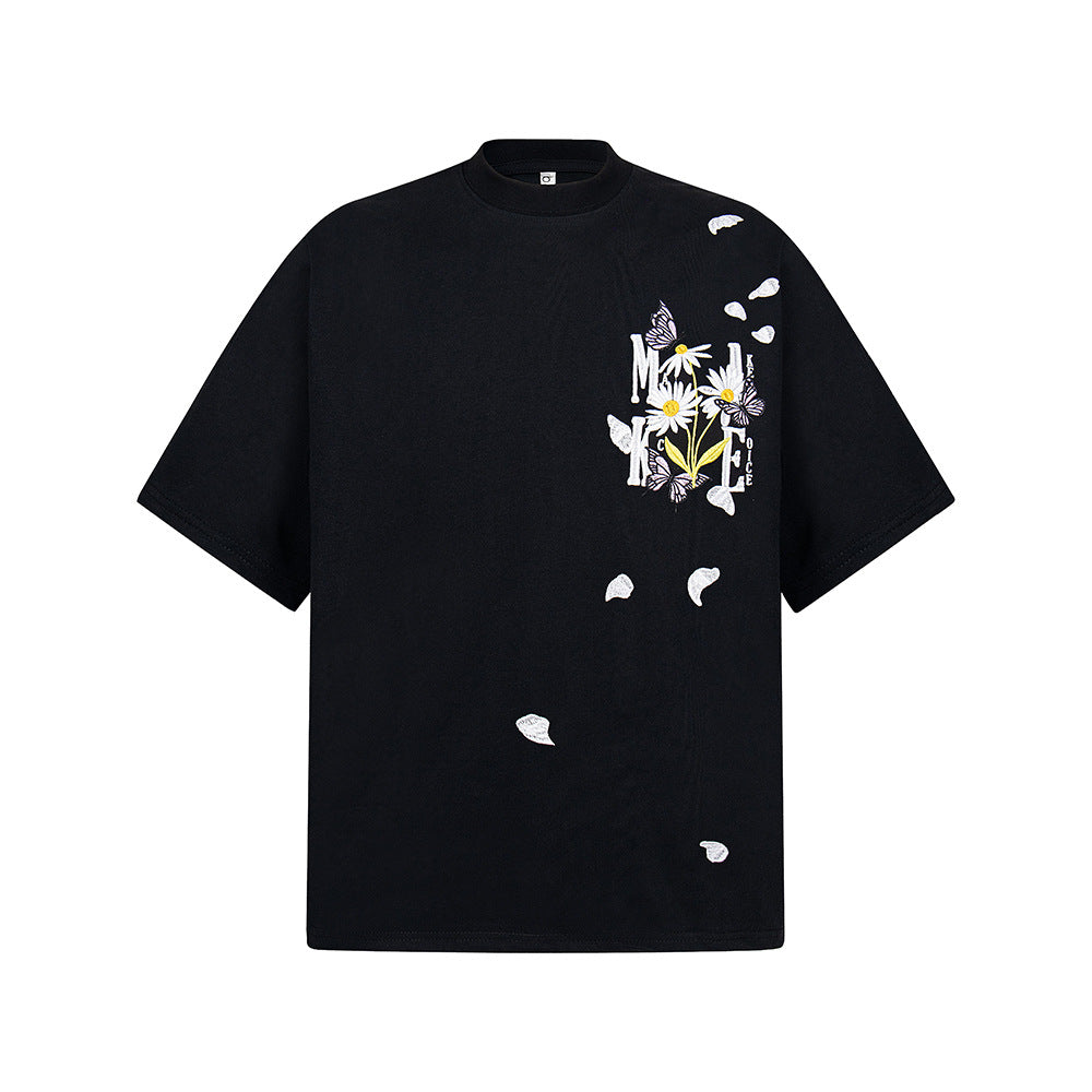Hip Hop Clothes New York Vintage Embroidered Floral Summer Short Sleeve T-Shirt