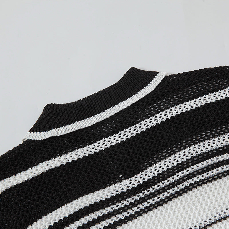 Camisas Retros Lapel Striped Contrast Knitted Vest