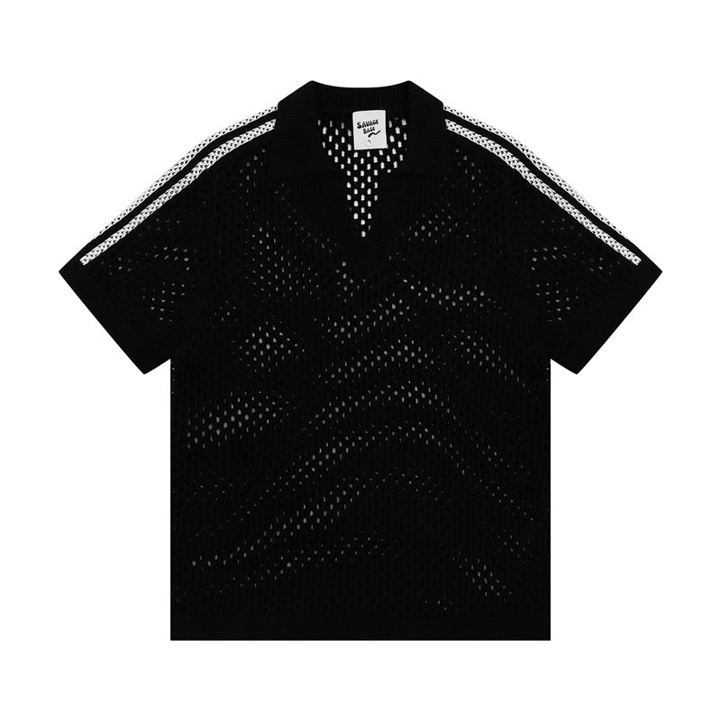 Hip Hop Shirts For Boys Striped Hollow Mesh Knitted POLO Shirt