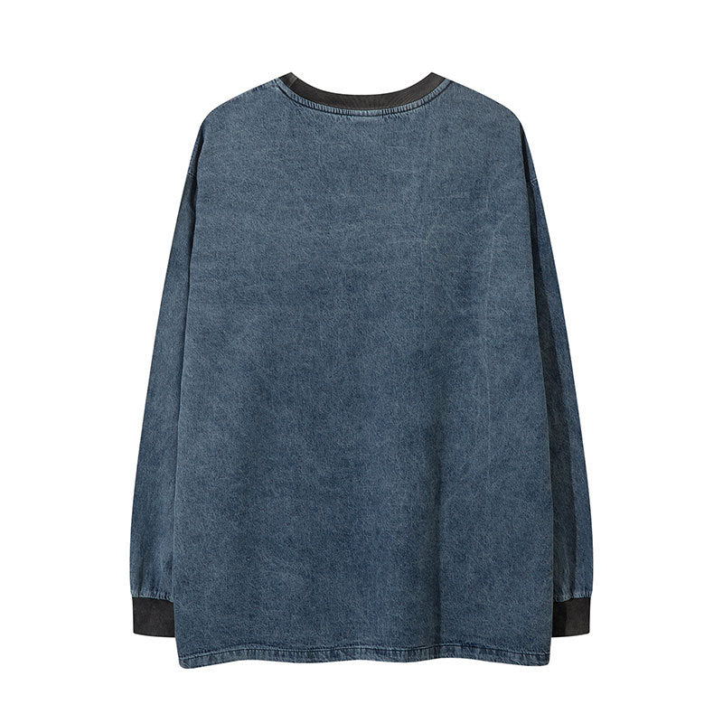 Marcas De Streetwear Vintage Embroidered Washed Denim Long Sleeve T-Shirt