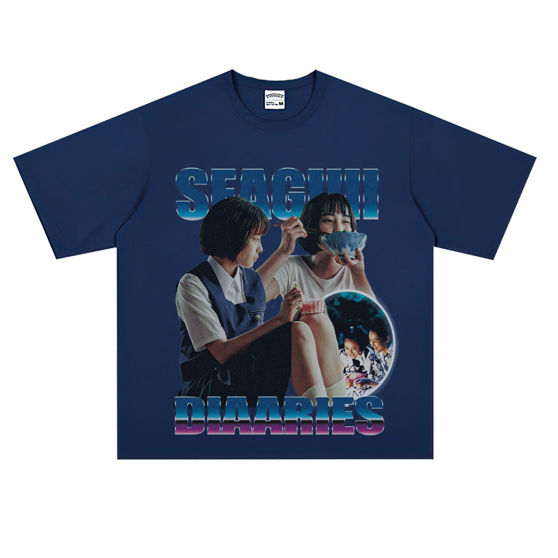 Film Star T Shirt Sea Street Diary Loose Retro Street Pure Cotton American T-shirt Men and Women